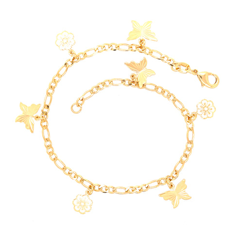 The "Butterfly and Flowers Charm Bracelet Anklet Figaro link chain" is a beautifully crafted piece, featuring butterfly and flower pendants with a 14k gold-filled finish. It includes a Figaro link chain and a lobster claw clasp for an elegant design and is free from lead and nickel to ensure comfortable wear.